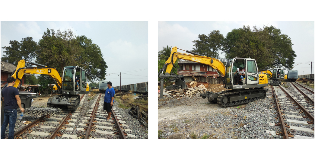 working scene of 8 ton crawler excavator with railway ballast machine